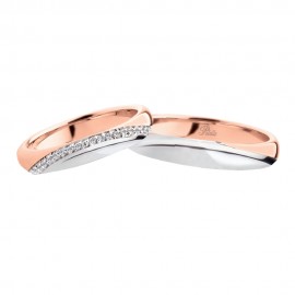 Coppia di fedi matrimoniali in oro bianco e rosa 18 Kt con diamanti Polello