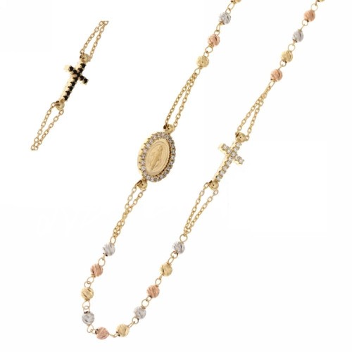 White rose and yellow gold 18k 750/1000 with white and black cubic zirconia rosary necklace