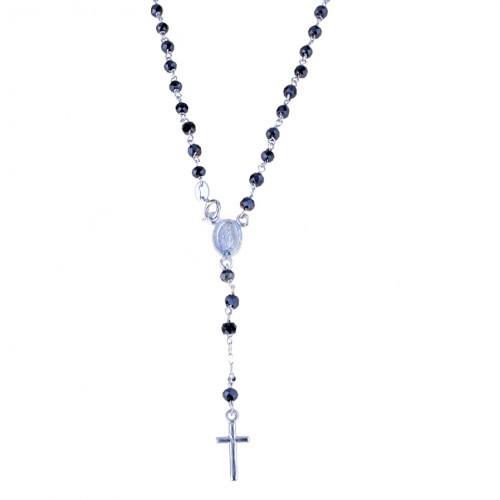 White gold 18 Kt, black stones Rosary necklace 19.68 inch