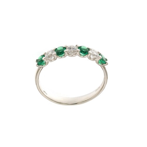 Anello mezza veretta in oro bianco 18 Kt 750/1000 con pietre verdi e bianche