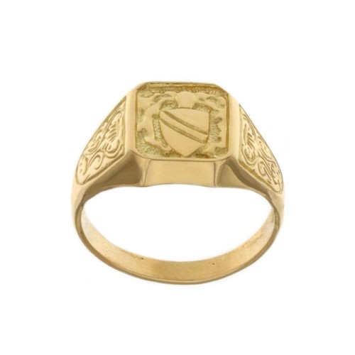 Yellow gold 18k 750/1000 shield man ring with sided decorations