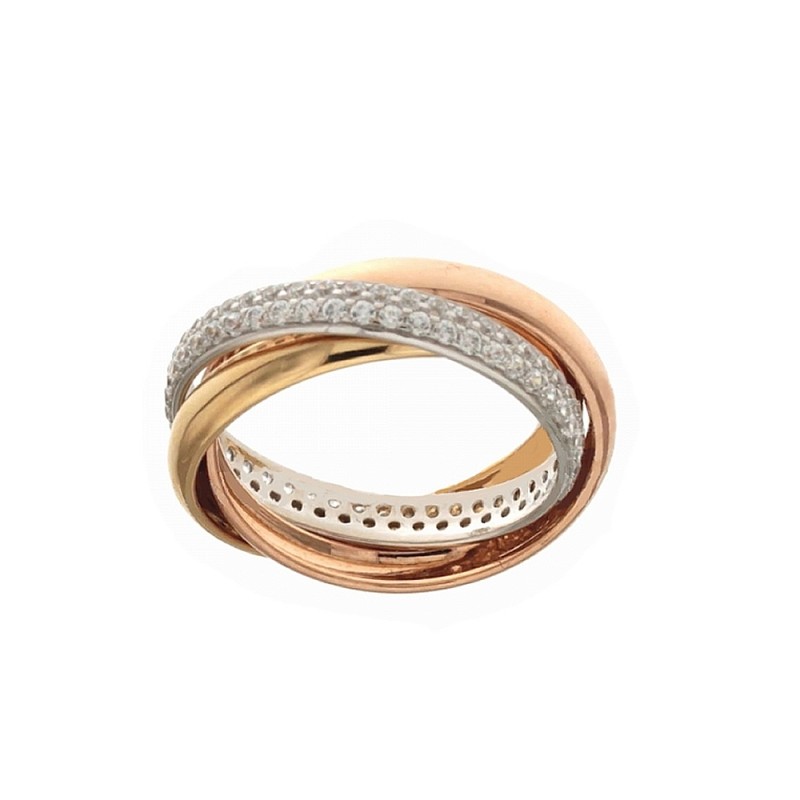 Tre anelli intrecciati in oro bianco, giallo e rosa 18k 750/1000 con zirconi bianchi da donna