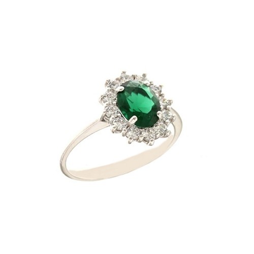 Anello con pietra verde e zirconi bianchi in oro bianco 18 Kt 750/1000