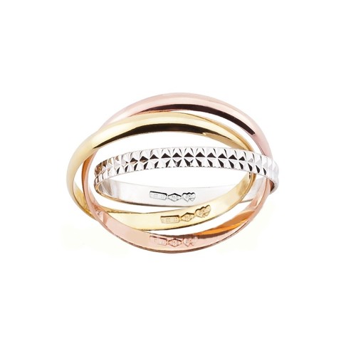 Tre anelli intrecciati in oro bianco, giallo e rosa 18 Kt 750/1000