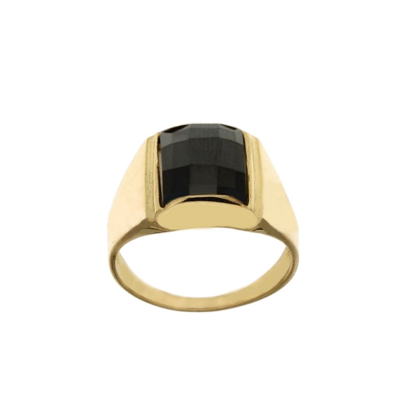 Anello in oro giallo 18 Kt 750/1000 da uomo con pietra nera rettangolare