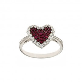 White gold 18k Heart with red and white cubic zirconia woman ring