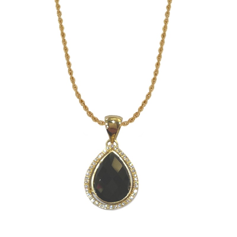 Yellow gold 18k 750/1000 black onyx and white cubic zirconia drop pendant woman necklace