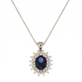 White gold 18k blue oval stone and white cubic zirconia woman necklace