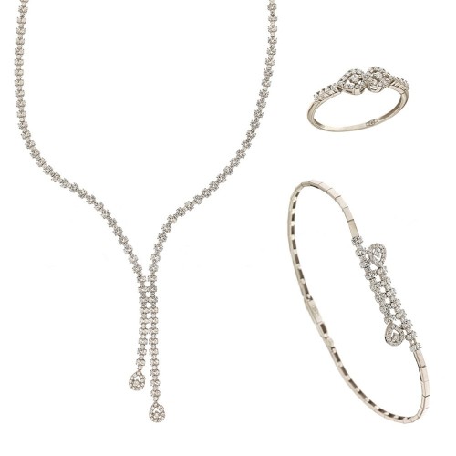 Parure da sposa in oro bianco 18 Kt 750/1000 stile Tennis con pendenti a goccia e zirconi bianchi