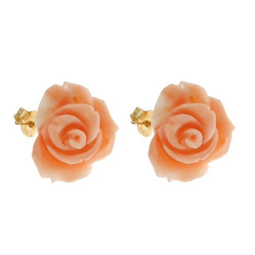 Authentic coral and yellow gold 18k 750/1000 rose shaped woman earrings
