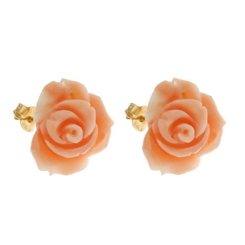 Orecchini a forma di rose in corallo autentico con chiusura in oro giallo 18k 750/1000