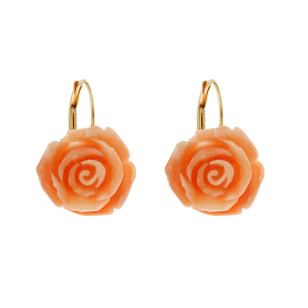 Authentic coral and yellow gold 18k 750 1000 leverback closure rose shaped woman earrings