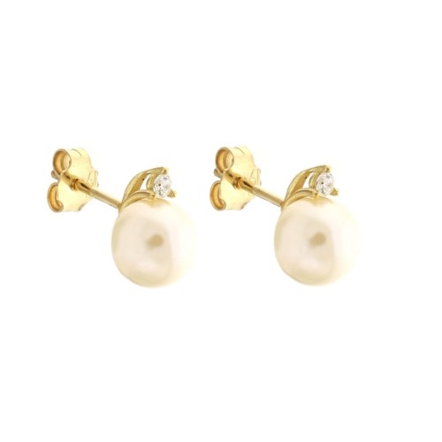 Yellow gold 18k 750/1000 freshwater pearls and white cubic zirconia woman earrings