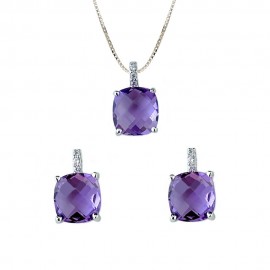 White gold 18Kt 750/1000 and purple stones necklace + earrings woman set