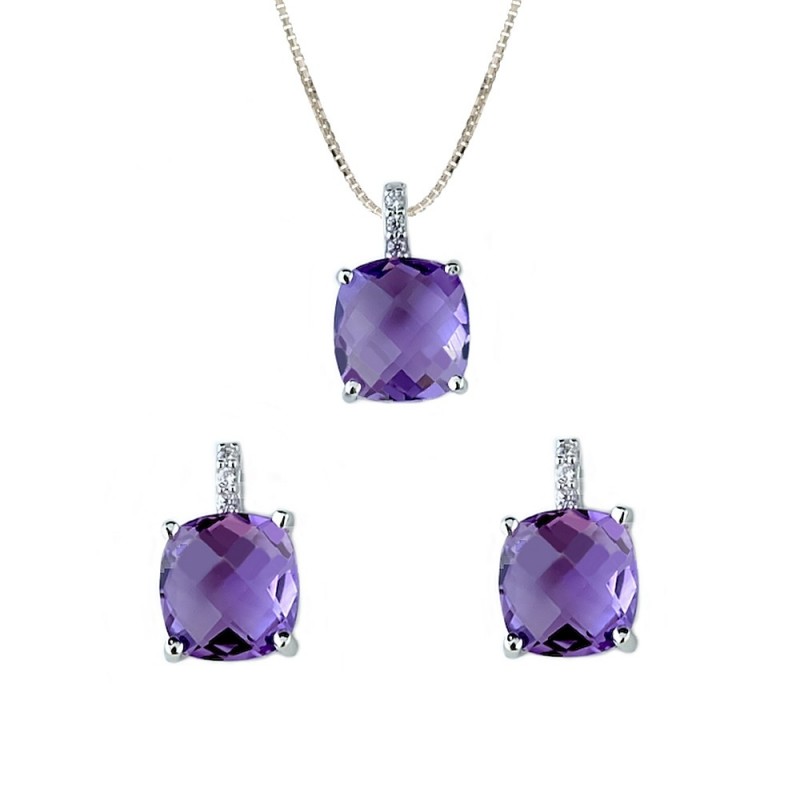 18k White gold and purple stones necklace + earrings woman set
