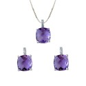 White gold 18Kt 750/1000 and purple stones necklace + earrings woman set