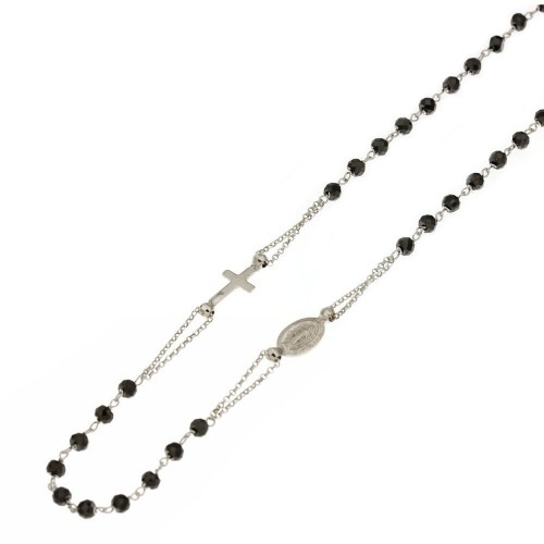 Collana Rosario in oro bianco 18 Kt 750/1000 unisex a giro con pietre nere