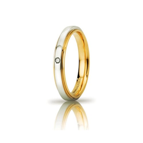 Fede Unoaerre in oro giallo e bianco, modello Cassiopea Slim, con brillante da ct 0,01, lucida larghezza fascia 3mm unisex