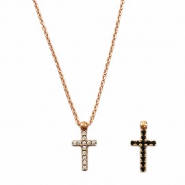 Rose gold 18k 750/1000 double-face cross with white and black zirconia