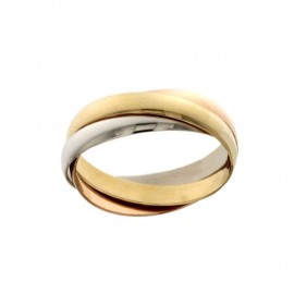 Tre anelli intrecciati in oro bianco, giallo e rosa 18k 750/1000
